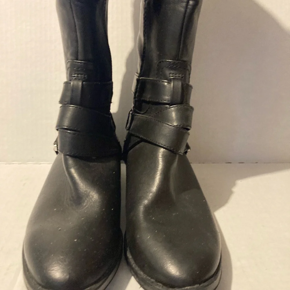 Black Leather Knee-High Double Buckle Boots Size 6